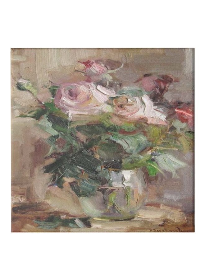 لوحة فنية من قماش الكانفاس مزودة بإطار، برسمة زهور أخضر/وردي/أحمر 50x50سم - Image 1