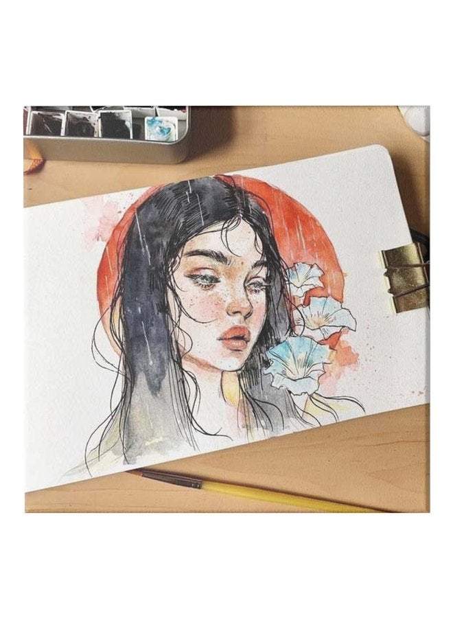 لوحة فنية لفتاة على قماش الكانفاس بإطار بني/أبيض/أحمر 50x50سم - Image 1