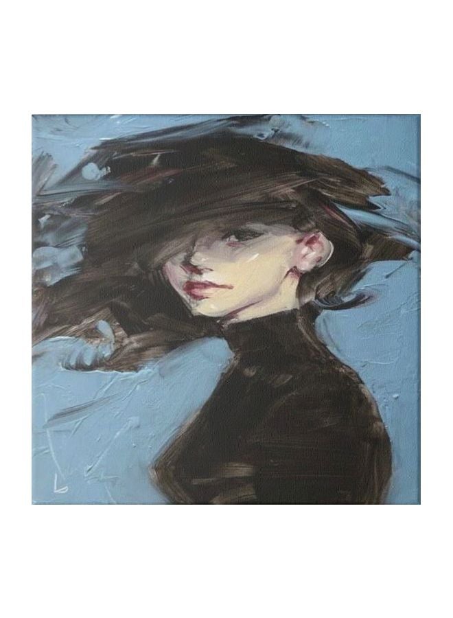 لوحة فنية من قماش الكانفاس مزودة بإطار، برسمة فتاة أزرق / أسود / بيج 50x50سم  - Image 1
