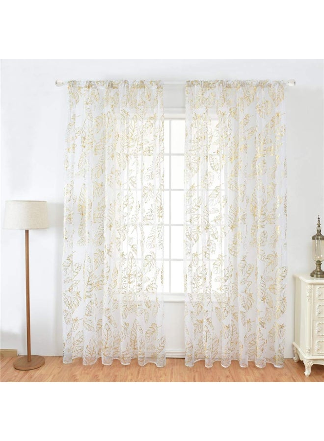 Pack Of 2 Feather Printed Sheer Window Curtains White/Gold 40x79inch - v1594301036/N39244280A_2