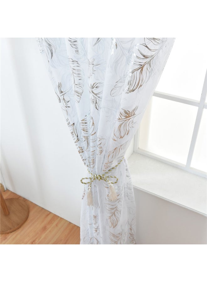 Pack Of 2 Feather Printed Sheer Window Curtains White/Gold 40x79inch - v1594301037/N39244280A_4