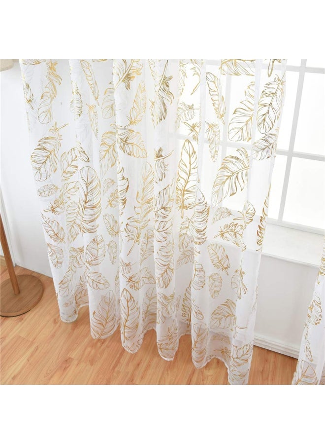 Pack Of 2 Feather Printed Sheer Window Curtains White/Gold 40x79inch - v1594301038/N39244280A_3