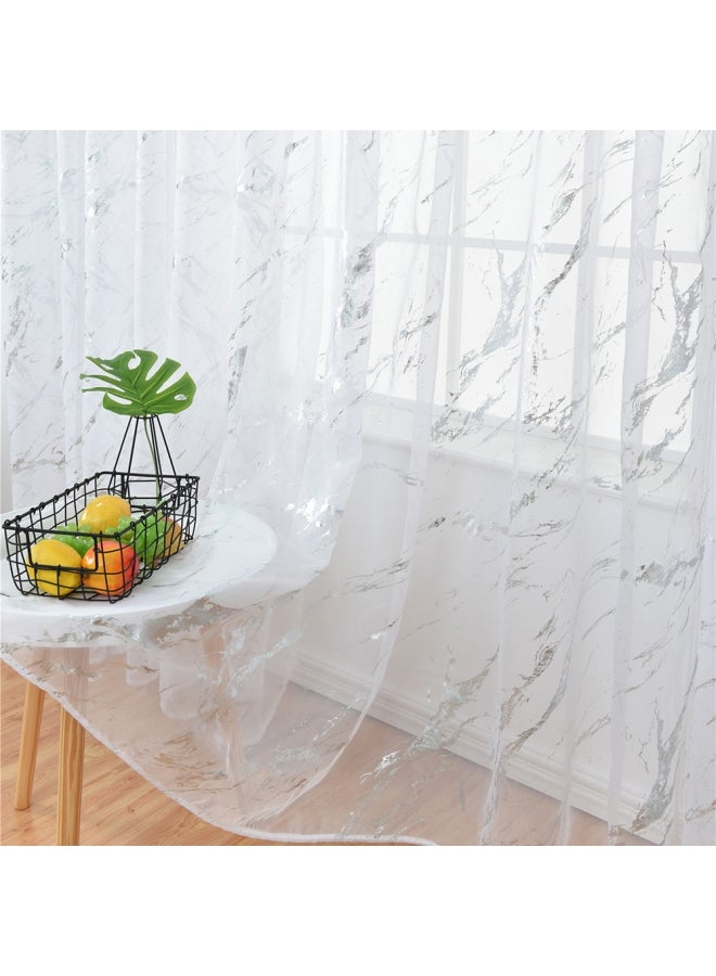 Pack Of 2 Marble Printed Sheer Window Curtains White/Silver 40x79inch - Image 4