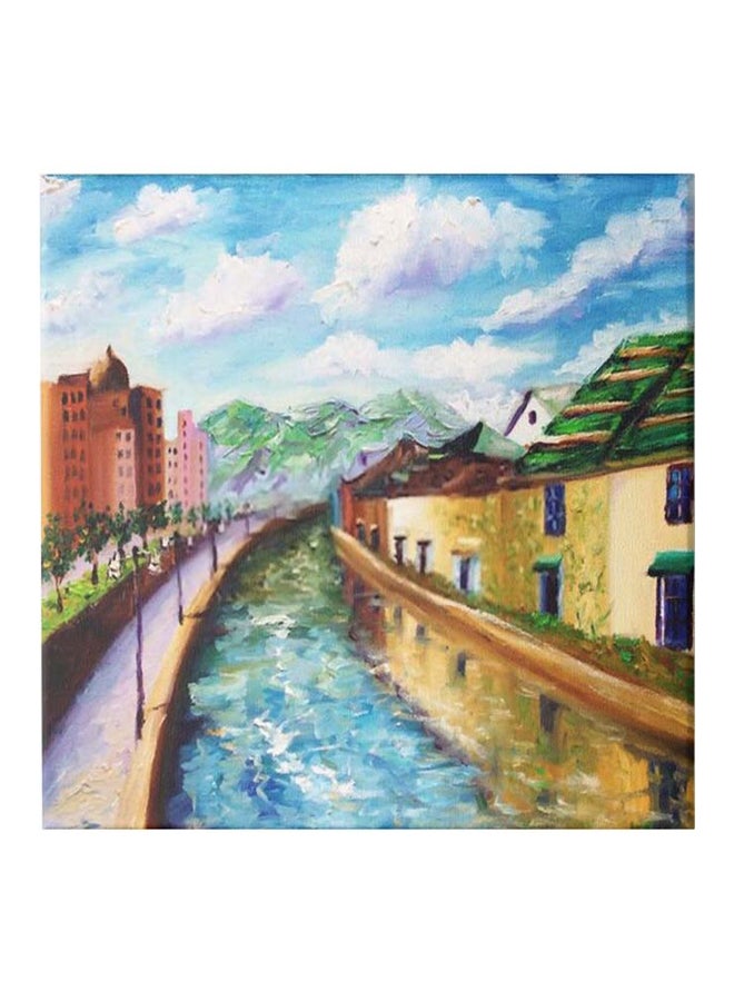 City Themed Canvas Wall Painting With Frame Blue/Yellow/Green 50x50cm - Image 1