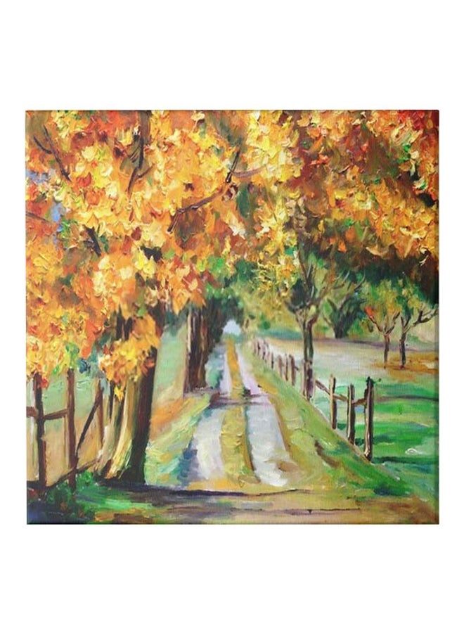 لوحة فنية من قماش الكانفاس مزودة بإطار، برسمة طريق أصفر/أخضر/برتقالي 50x50سم - Image 1
