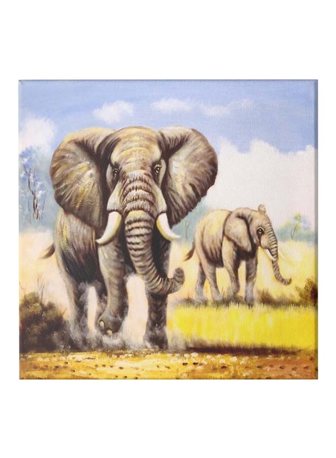 لوحة فنية من قماش الكانفاس مزودة بإطار، برسمة فيل رمادي/أزرق/أصفر 50x50سم - Image 1