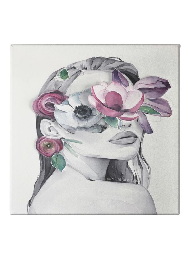 لوحة فنية من قماش الكانفاس مزودة بإطار، برسمة فتاة مع زهرة أبيض/رمادي/وردي 50x50سم - Image 1