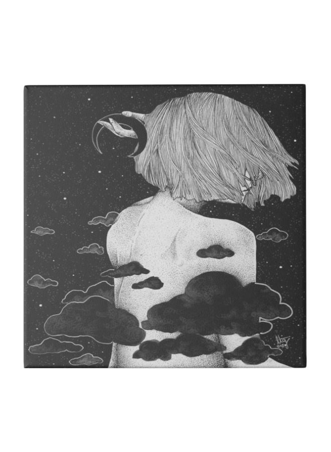 لوحة فنية لديكور الحائط تمثل فتاة تحمل القمر أسود/ أبيض/ رمادي 50x50سم - Image 1