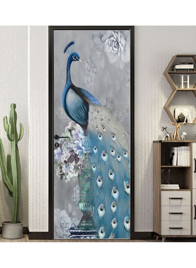 ملصق للزينة بطبعة طاووس أزرق/رمادي/أبيض 120x50سم - Image 1
