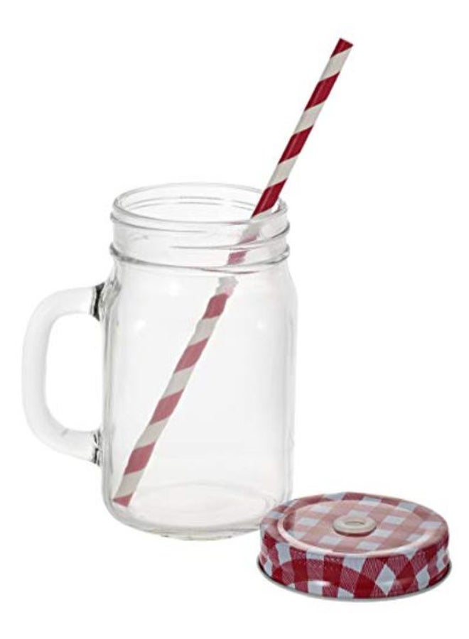 East Lady - Mason Jar With Lid And Straw Set Clear/Red 400ml - Image 1