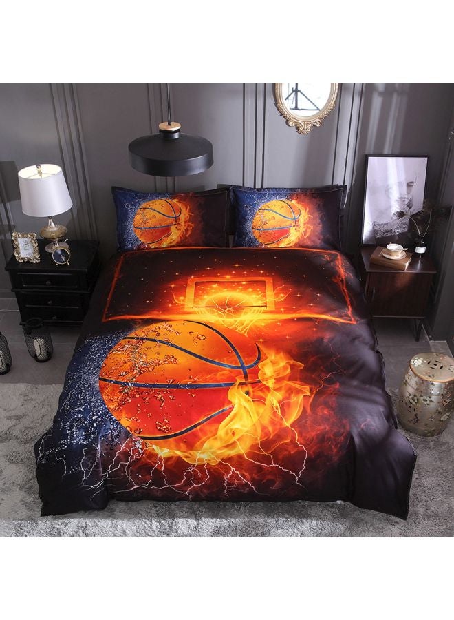 3-Piece Basketball Printed Bed Sheet And Pillowcase Set Polyester Black/Orange/Blue Full - Image 2