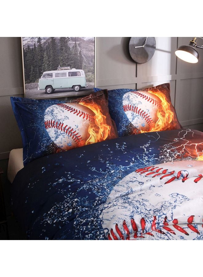 3-Piece Baseball Printed Bed Sheet And Pillowcase Set Polyester Blue/Yellow/White King - Image 3