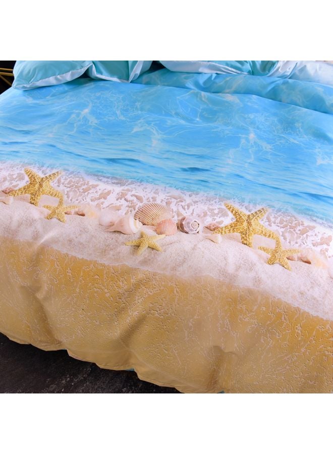 3-Piece Beach Starfish Printed Bed Sheet And Pillowcase Set Polyester Blue/Yellow/White Full - Image 4