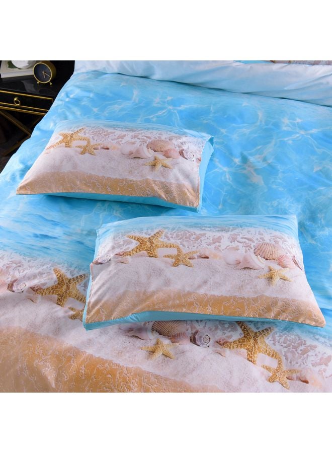 طقم شرشف سرير وغطاء وسادة بطبعة الشاطئ ونجمة البحر من 3 قطع بوليستر أزرق/أصفر/أبيض Twin - Image 3