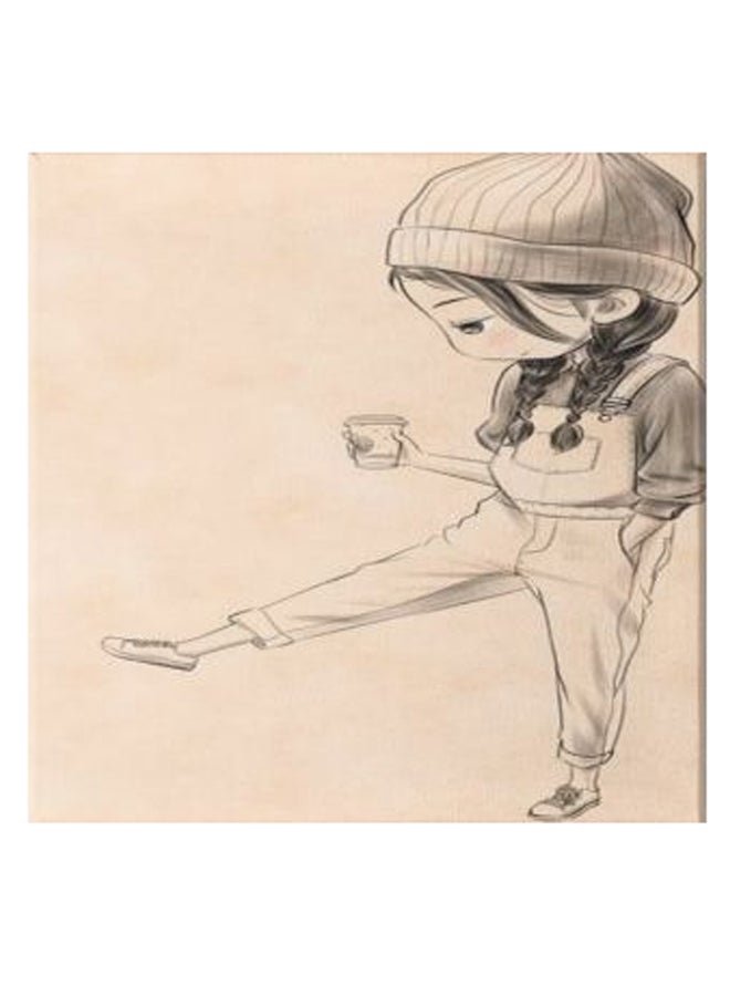 لوحة فنية من قماش الكانفاس بإطار مخفي تحمل صورة رسوم متحركة لفتاة بيج / أسود 50 x 50سم - Image 1