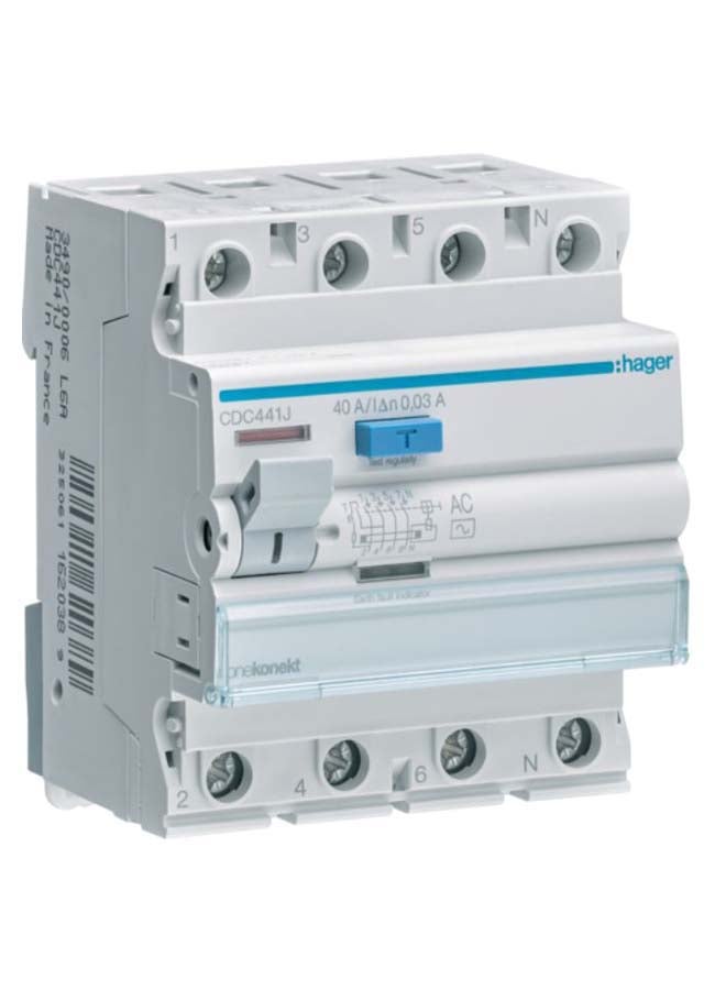 Hager RCCB 4P Earth Leakage Circuit Breaker White/Grey/Blue 