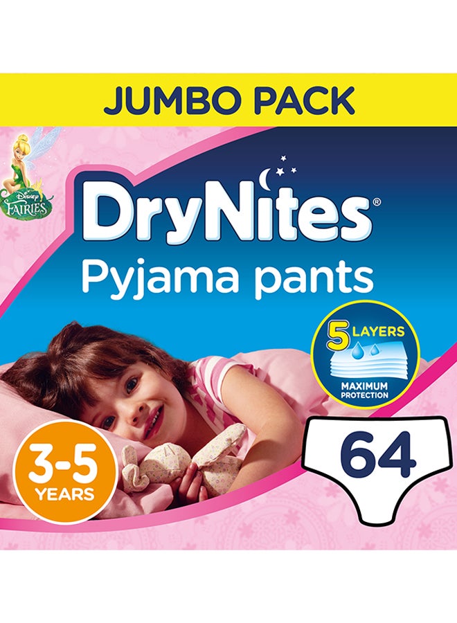 Huggies - Dry Nites Pyjama Pants, 16 - 23 Kg, 3 - 5 Years, 64 Count (16 x 4) - Girls, Jumbo Pack, Maximum 5 Layer Protection, Disney Fairies - Image 1