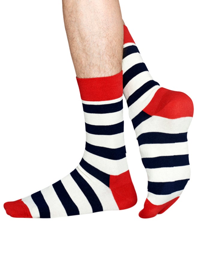 Happy Socks Stripe Crew Socks White/Navy - Image 2