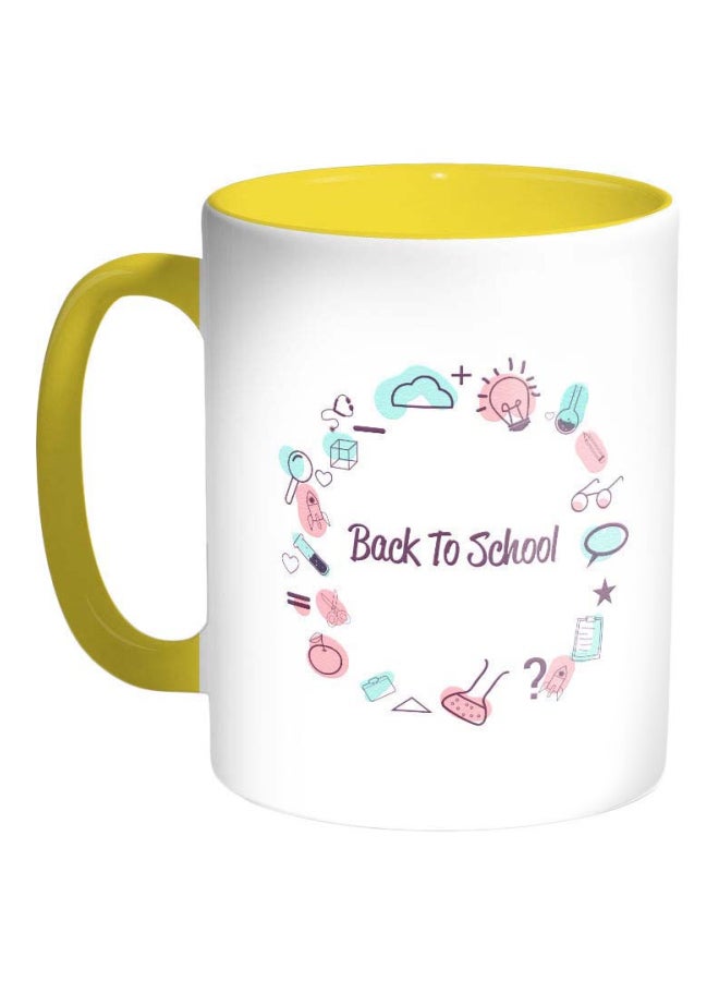 ديكالاك كوب قهوة بطباعة "باك تو سكول" أصفر/أبيض/وردي 325ملليلتر