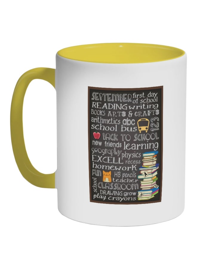 مج قهوة بطبعة عبارة "First Day Of School" أبيض/أسود/بيج