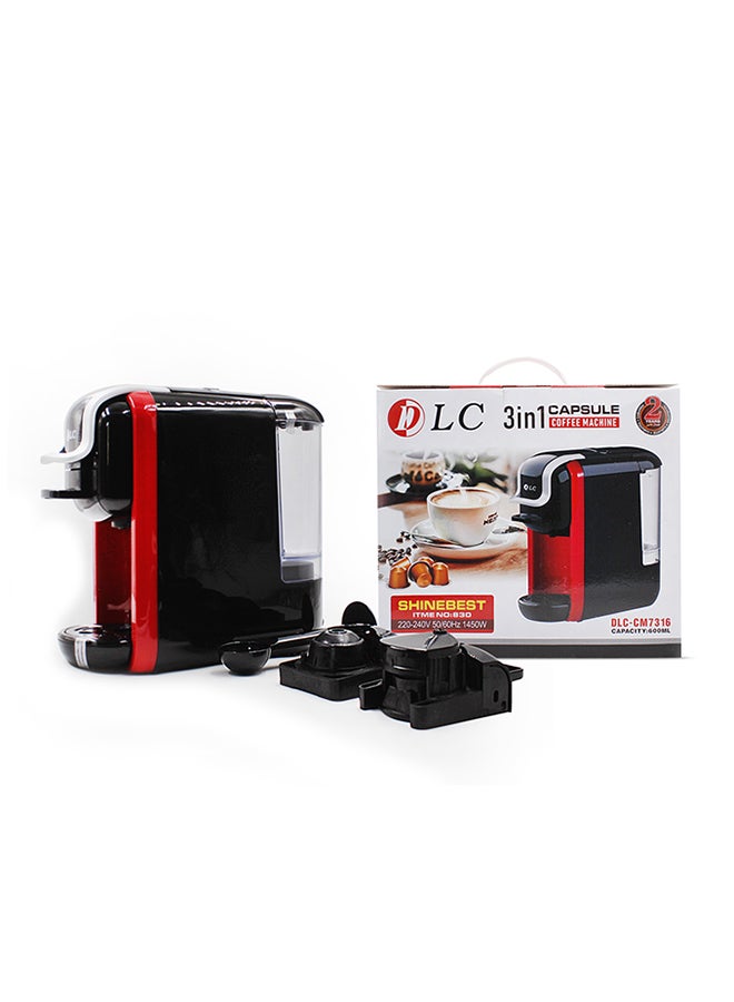 DLC - 3-In-1 Capsule Coffee Machine 600 ml 1450 W DLC-CM7316 Black/Red/Clear - Image 1