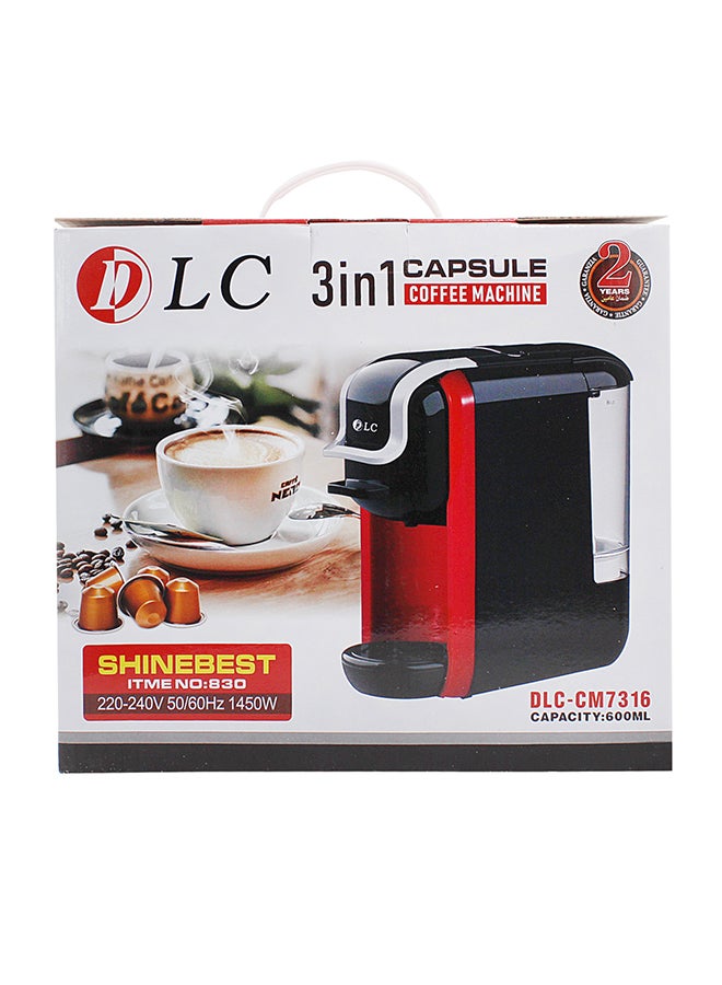 DLC - 3-In-1 Capsule Coffee Machine 600 ml 1450 W DLC-CM7316 Black/Red/Clear - Image 1