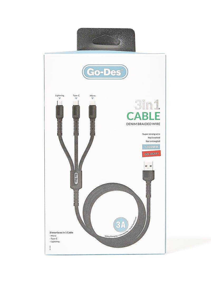 جو-ديز كابل 3 في 1 للشحن ومزامنة البيانات أسود - Image 4