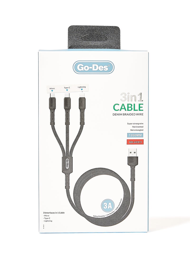 GO-DES 3-In-1 Data Sync Charging Cable Grey - Image 4