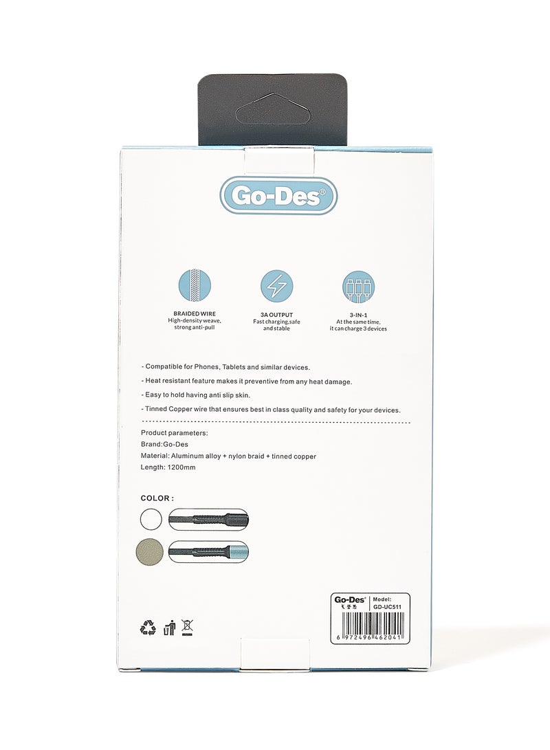 GO-DES 3-In-1 Data Sync Charging Cable Grey - Image 5