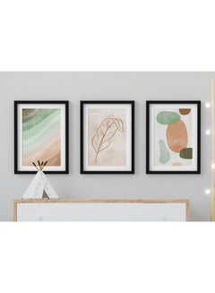 3-Piece Triptych Abstract Poster With Frame Set White/Green/Brown 30x40cm