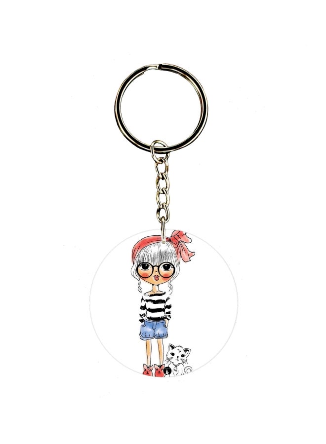 BP Cartoon Girl With Cat Printed Dual Sided Keychain