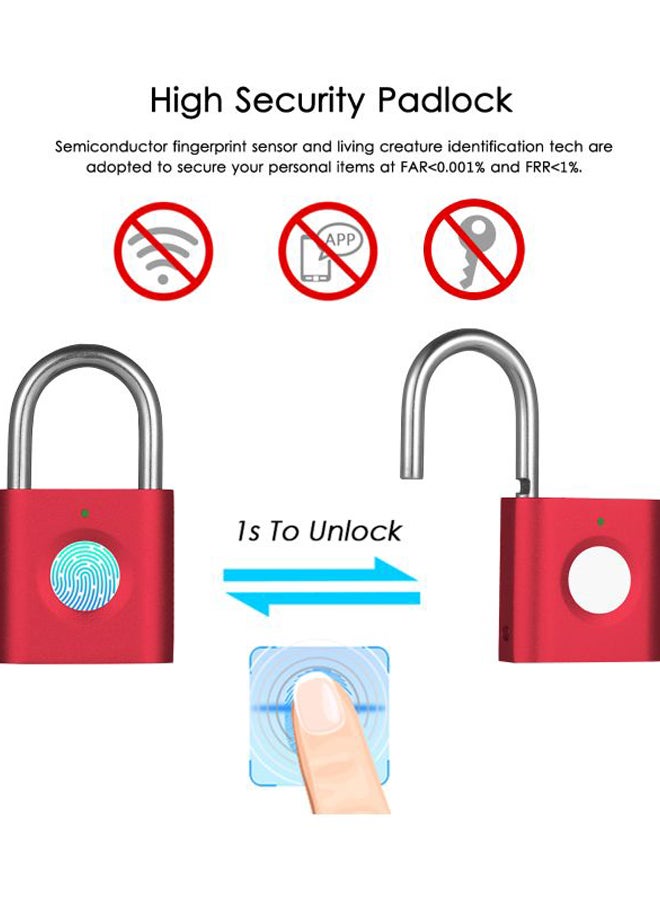 Generic - Waterproof Smart Fingerprint Padlock Red 5.04x2.9x1.3cm - Image 1