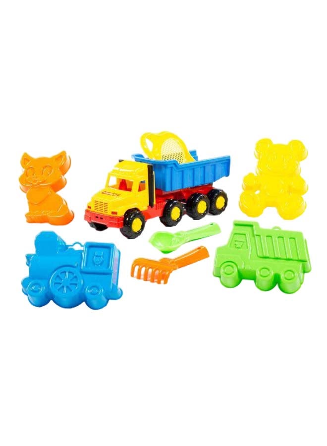 بوليسي طقم شاحنة قلابة وأدوات للعب في الرمل من ضمن ألعاب الشاطئ مكون من 8 قطع - Image 1