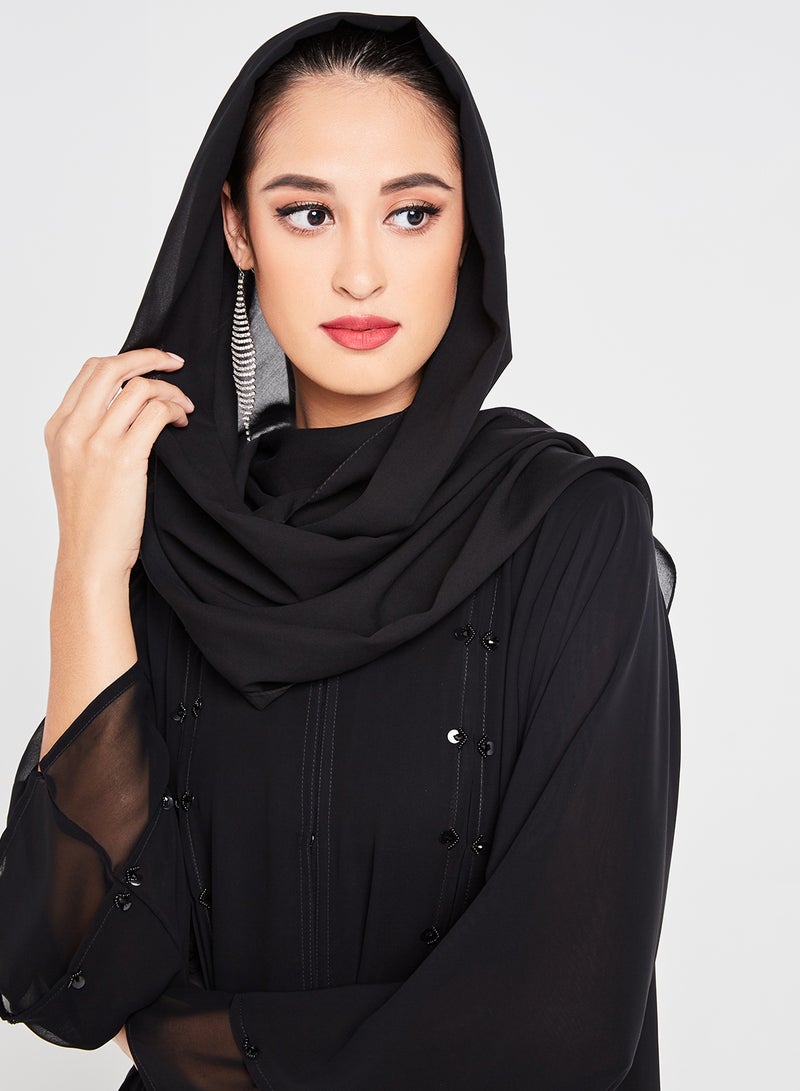 بوسني عباية برقبة على شكل حرف V مطرزة بالخرز أسود - Image 4