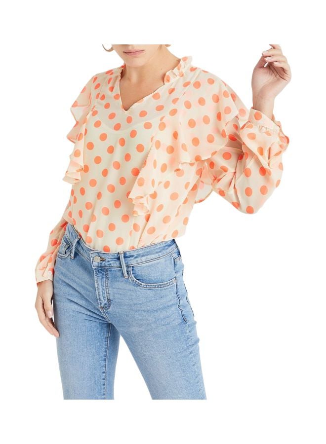 VERO MODA Ruffle Detail Polka Dot Top Cream/Orange - Image 1
