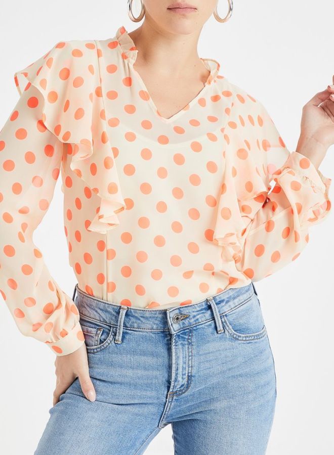 VERO MODA Ruffle Detail Polka Dot Top Cream/Orange - Image 4