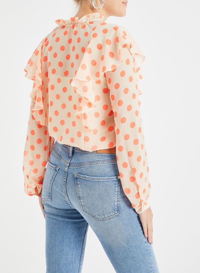 VERO MODA Ruffle Detail Polka Dot Top Cream/Orange - Image 2