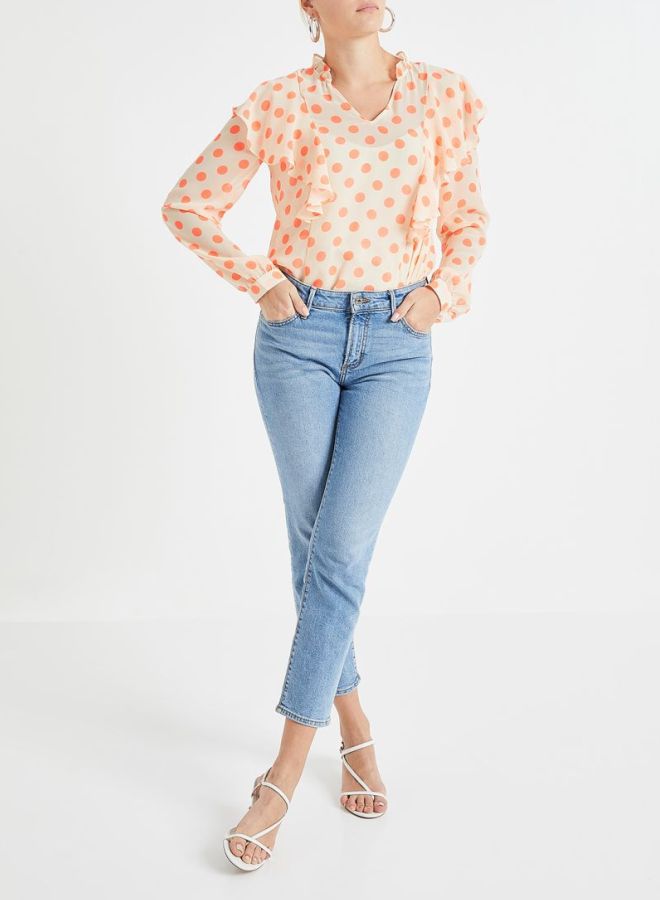 VERO MODA Ruffle Detail Polka Dot Top Cream/Orange - Image 3