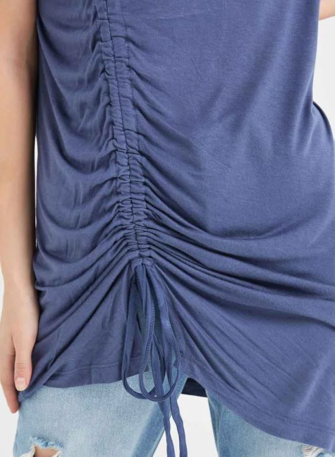 BRAVE SOUL Drawstring Detail Long Ruched T-shirt Indigo