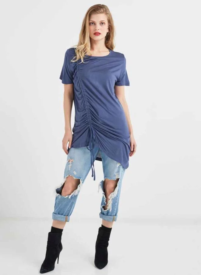 BRAVE SOUL Drawstring Detail Long Ruched T-shirt Indigo