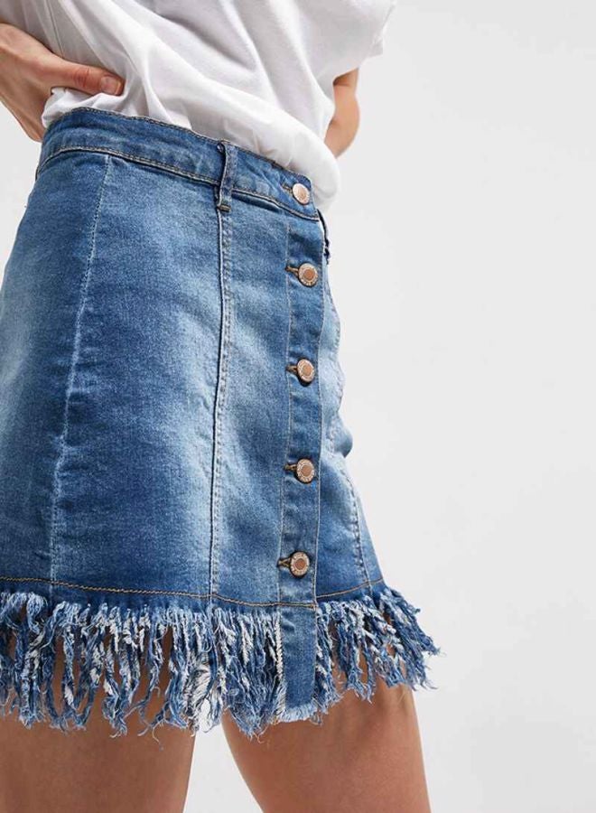 BRAVE SOUL - Frayed Hem Denim Skirt Dark Denim - Image 1