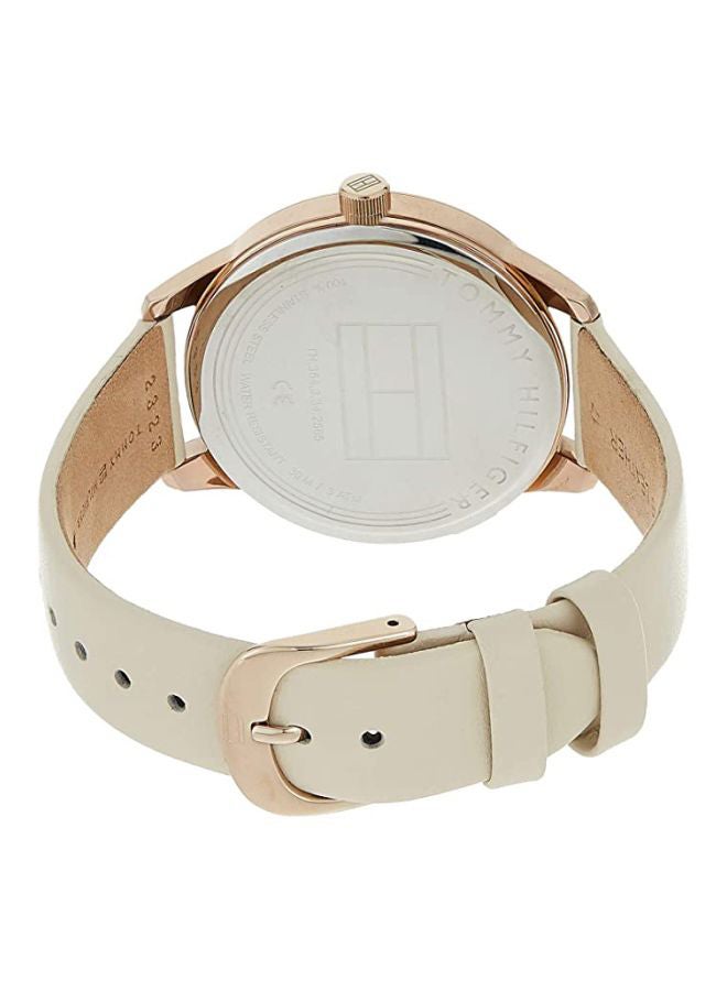 Women's Round Shape Leather Band Analog Wrist Watch 38 mm - Beige - 1782022