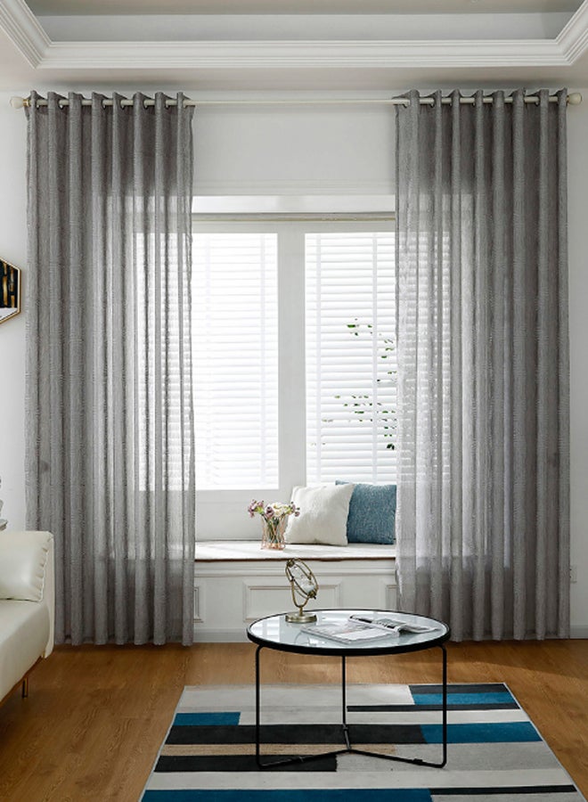 2-Panel Sheer Voile Window Curtain Set With Ring Rod Grey 55 x 102inch  - Image 2