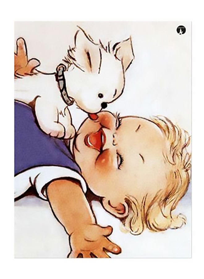 لوحة فنية للزينة بطبعة طفل يلعب مع كلب أزرق/ بيج/ بني 20x15سم