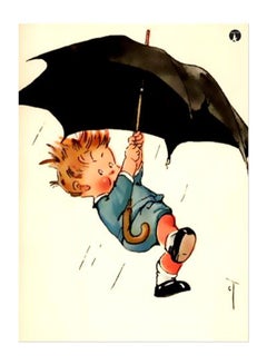 Kid With Umbrella Printed Decorative Plate Black/Blue/Brown 20x15cm - v1595262984/N39231219A_1