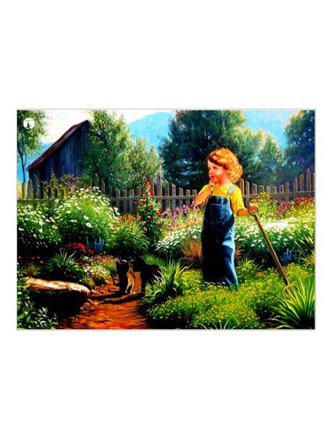 Child In Garden Printed Decorative Wall Art Plate Green/Blue/Yellow 15x20cm