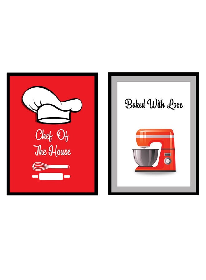 2-Piece Chef And Kitchen Quotes Poster With Frame Set Red/White/Black