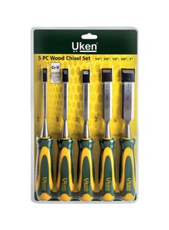 5-Piece Wood Chisel Set Yellow/Green/Silver Chisel 1 (0.25), Chisel 2 (0.37), Chisel 3 (0.5), Chisel 4 (0.75), Chisel 5 (1)inch