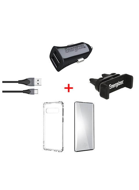 All in One Car Kit For Samsung S10 Plus- 3.4A Dual USB-A Output Car Charger, Fast Charging Type-C Cable, Anti Slip Universal Vent Mount/ Mobile Holder, Anti Scratch Screen Protector And Protective Case with Reinforced Corners Black