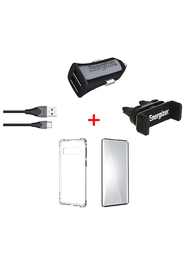 All in One Car Kit For Samsung S10 Plus- 3.4A Dual USB-A Output Car Charger, Fast Charging Type-C Cable, Anti Slip Universal Vent Mount/ Mobile Holder, Anti Scratch Screen Protector And Protective Case with Reinforced Corners Black